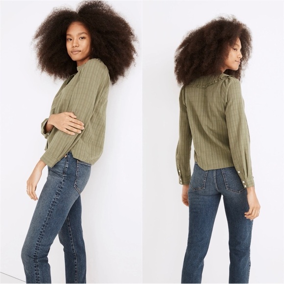 Madewell Top Ruffle-Collar Button-Up Shirt in Syril Plaid Faded Palm 0 NWT New - Picture 2 of 12